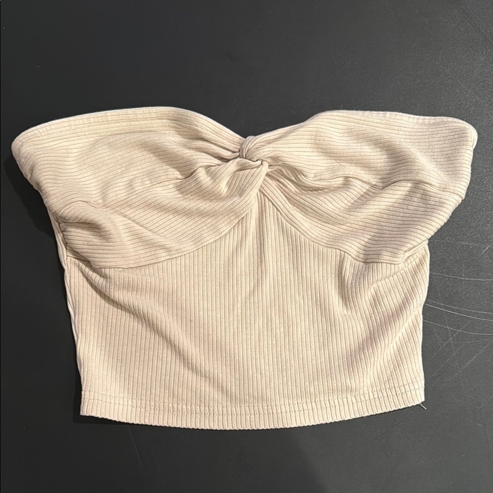 SHEIN Cream Ribbed Ruched Bustier Crop Top